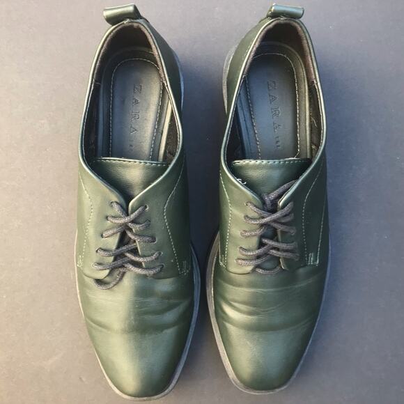 Zara Blucher Green Lace-Up Loafers with Chunky Lug Soles, Size US 7.5/ EU 38 - Picture 2 of 11